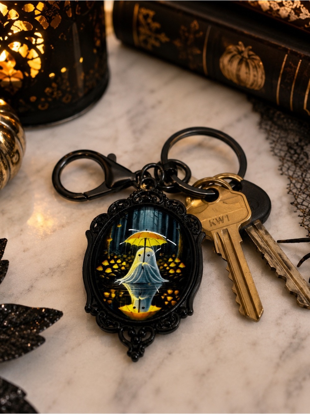 Ghost Under Umbrella Halloween Cameo Keychain Bag Charm